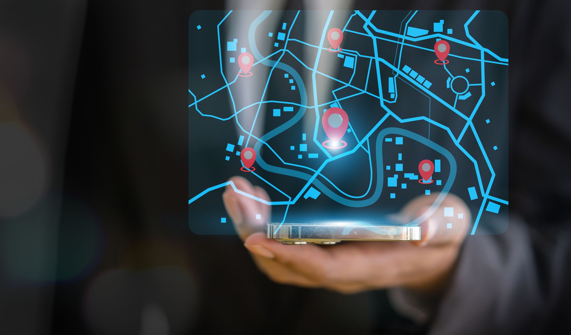 Technology smart navigation and location tracking with professional hand interacting with futuristic GPS map interface locations of services, delivery, travel app, logistics and transportation