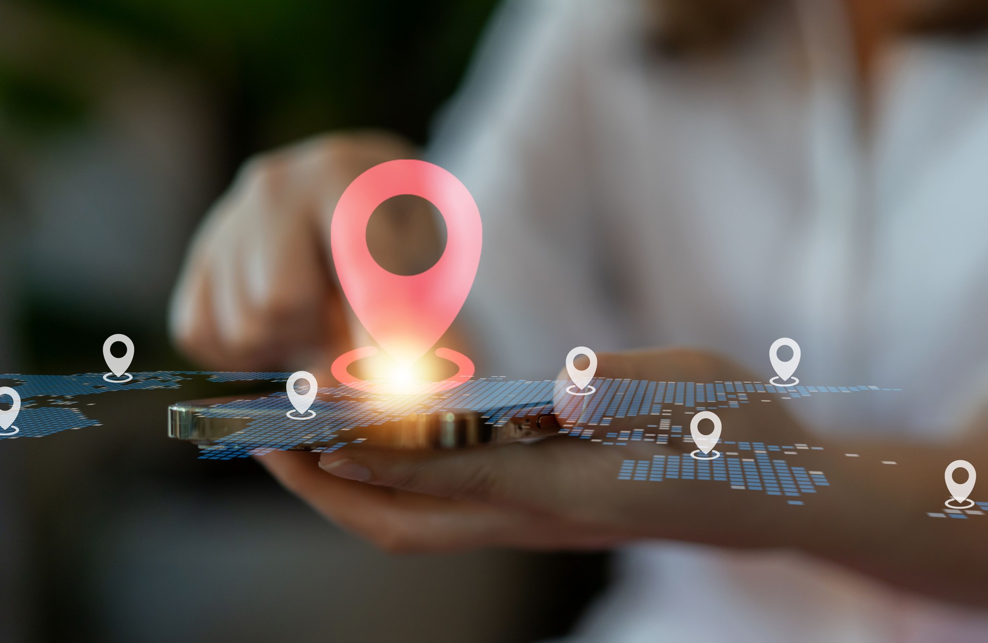 Technology smart navigation and location tracking with professional hand interacting with futuristic GPS map interface locations of services, delivery, travel app, logistics and transportation